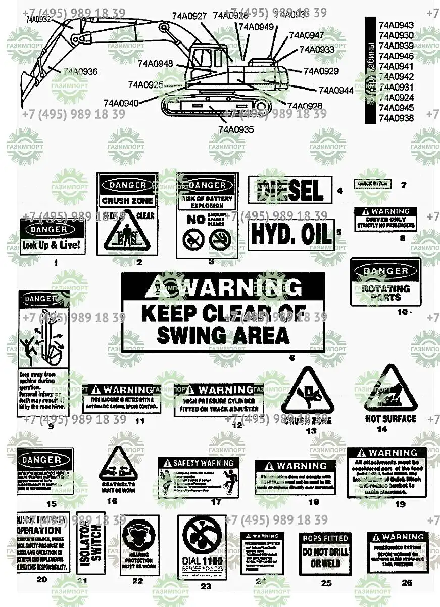 Предупредительная табличка - «Зона опасности сдавливания» (артикул:  74A0925) для экскаваторов Liugong CLG925LC в Москве, Казани, Краснодаре,  Севастополе и Ростове
