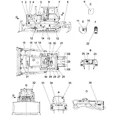 Схема положения подъема бульдозера - Блок «Предупредительные таблички (004903098A0000001)»  (номер на схеме: 36)